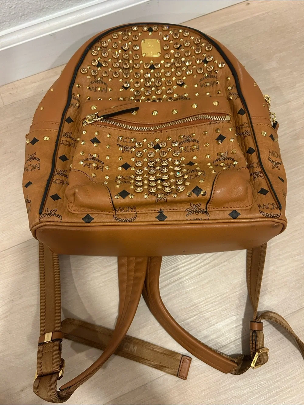 MCM Tan Visetos Studded Mini Backpack with Gold Hardware